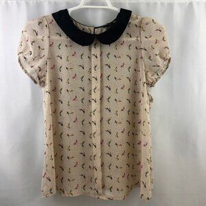 Angeleye London Women's Large High Heel Shoe Print Blouse Cream colored Black